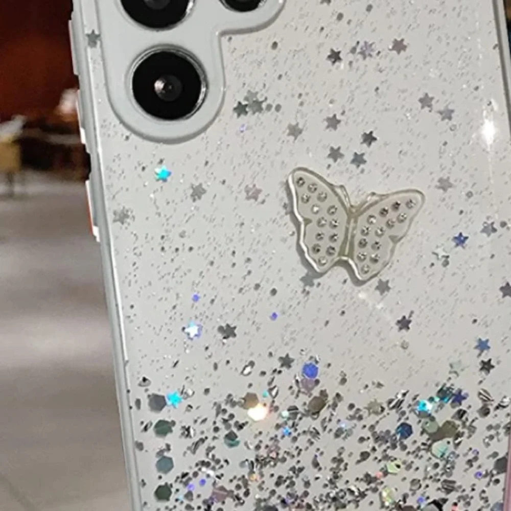 Samsung Galaxy S22 Ultra 5G Case Clear Glitter Butterfly Sparkly Bling (White)